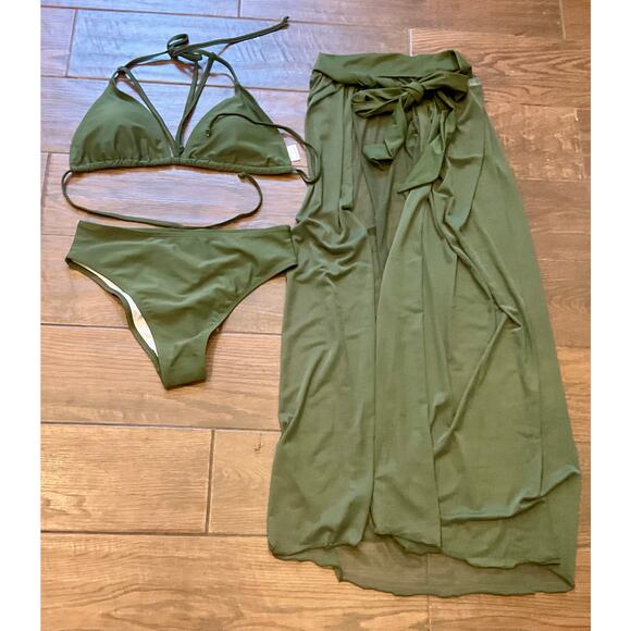 Bikini Set CoverUp 3 Pieces Swimsuit Sarong NWT Mesh Swim wrap skirt ARMY Olive - Picture 1 of 8